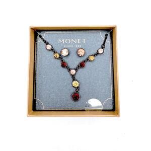 Monet burgundy brown metal w/ faceted rose crystal pierced earrings & necklace